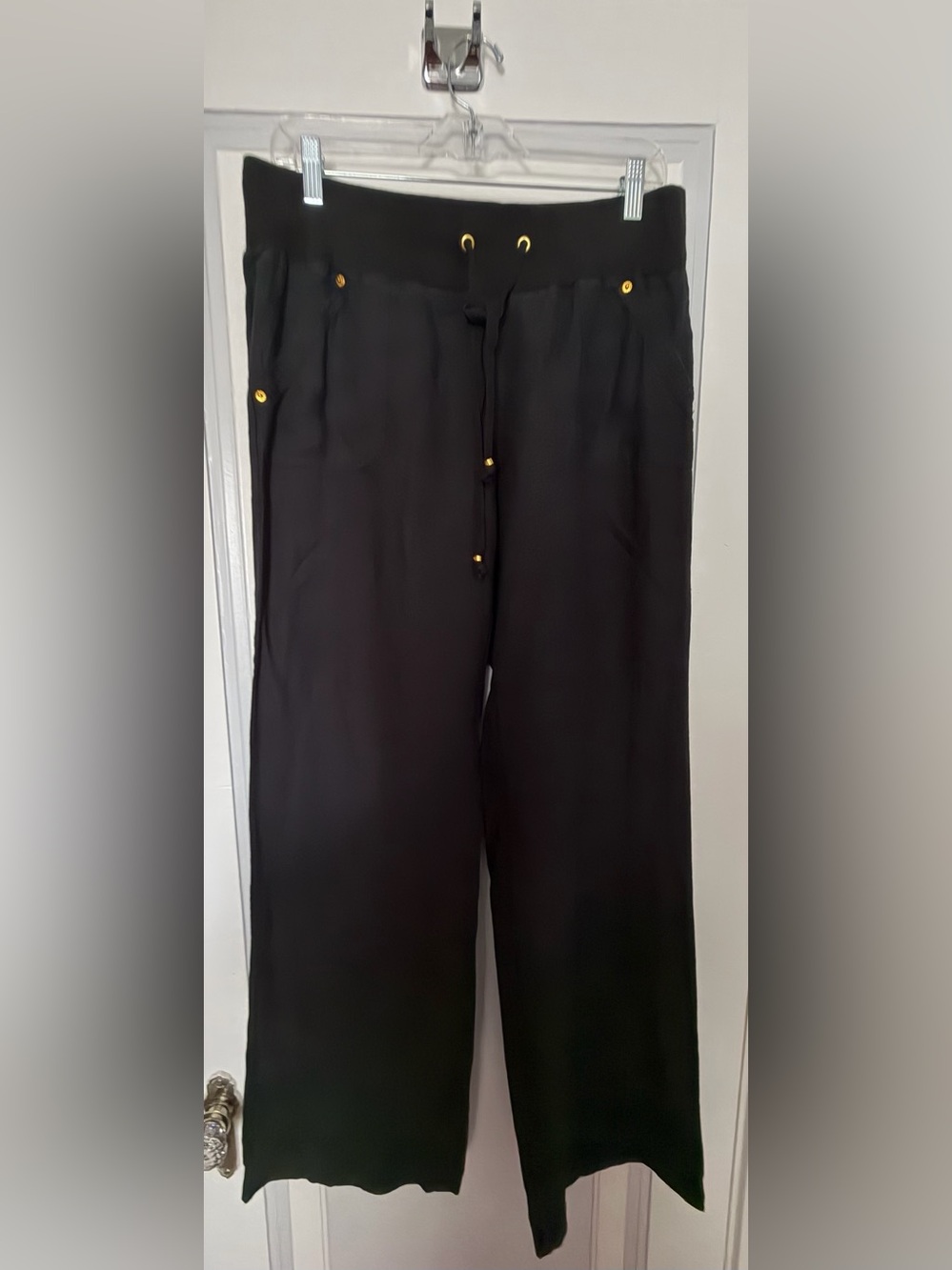Guess Black Wide-Leg Linen Drawstring Pants with Gold Accents